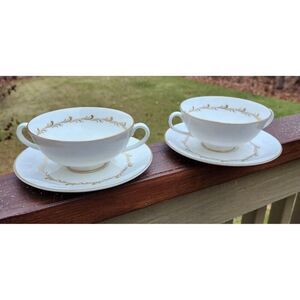 2 Royal Doulton England Bone China Rondo Gold H4935 Cream Soup and Saucer Sets